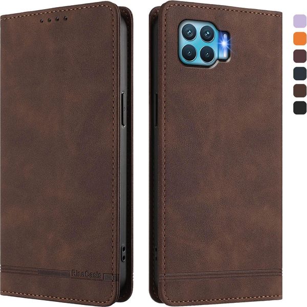 Custodia Per Oppo F17 Pro, Custodia Retro In Finto Cuoio Con Supporto E Slot Per Carte Di Credito Marrone-image