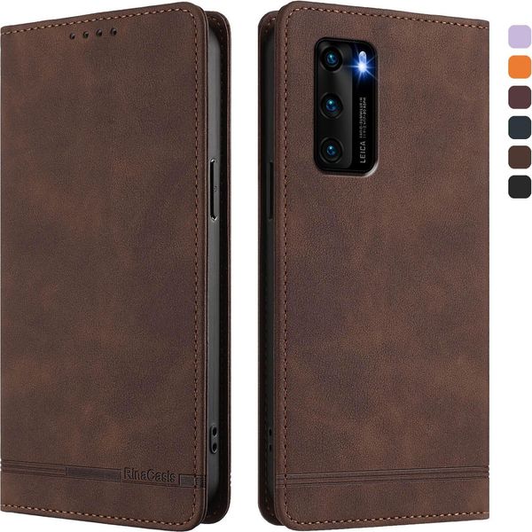 Custodia Per Huawei P40, Flip Case In Finto Cuoio Retrò Con Supporto E Slot Per Carte Di Credito Marrone-image