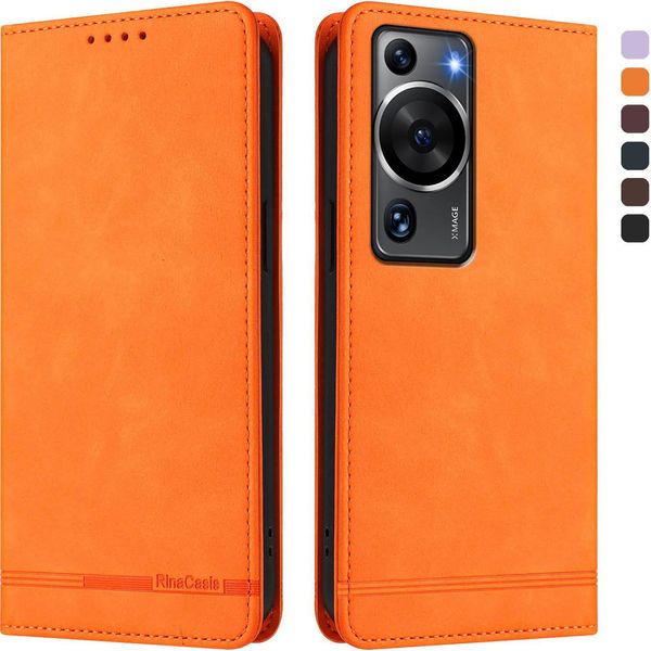 Custodia Per Huawei P60 / P60 Pro, Custodia Retro In Finto Cuoio Con Supporto E Slot Per Schede Arancione-image