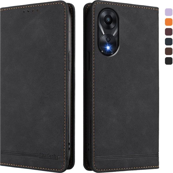 Custodia Per Oppo A78 4G, Custodia Retro In Finto Cuoio Flip Con Supporto E Slot Per Carte Nero-image
