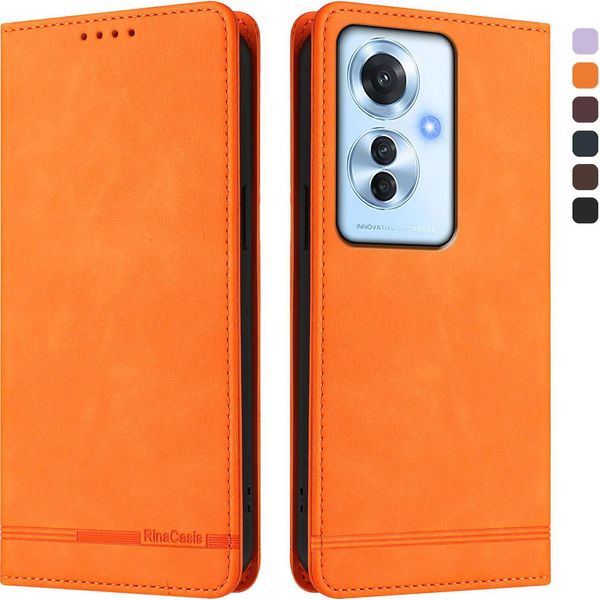 Custodia Per Oppo Reno11 F 5G, Retro Custodia In Finto Cuoio Flip Con Supporto E Slot Per Carte Orange-image