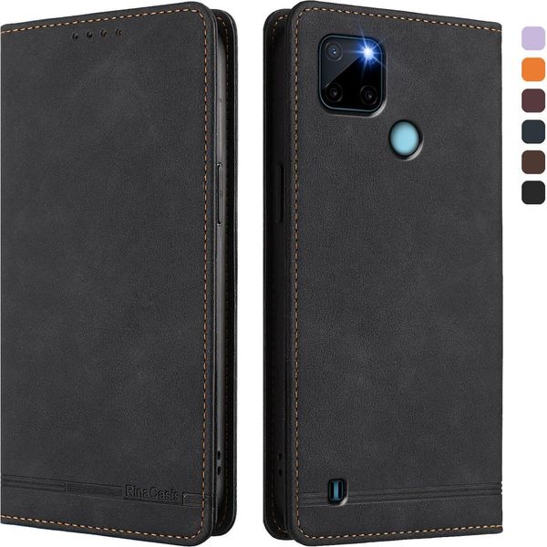 Custodia Per Realme C21Y, Custodia Retro In Finto Cuoio Flip Con Supporto E Slot Per Carte Di Credito Nero-image