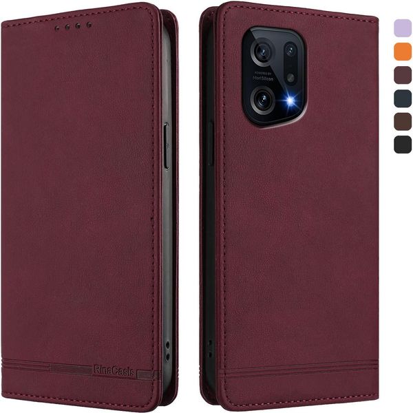 Custodia Per Oppo Find X5, Custodia Retro In Finto Cuoio Flip Con Supporto E Slot Per Carte Rosso-image