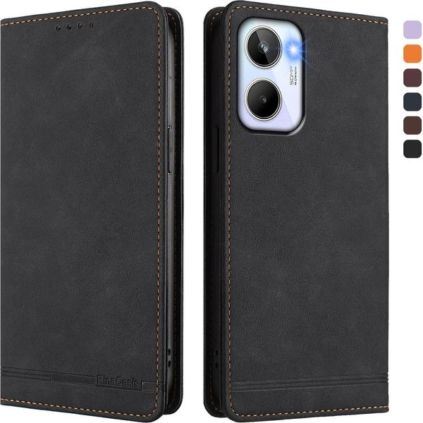 Custodia Per Realme 10 4G, Custodia Retro In Finto Cuoio Flip Con Supporto E Slot Per Carte Nero-image