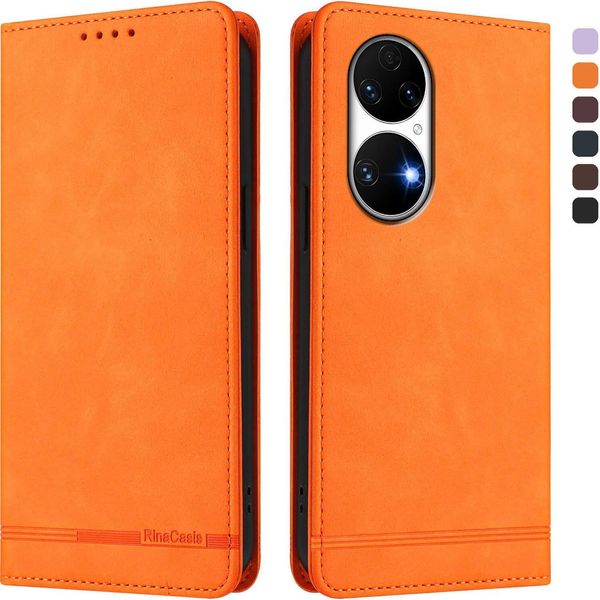 Custodia Per Huawei P50, Flip Case In Finto Cuoio Retrò Con Supporto E Slot Per Carte Di Credito Arancione-image