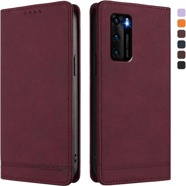 Custodia Per Huawei P40, Flip Case In Finto Cuoio Retrò Con Supporto E Slot Per Carte Di Credito Rosso-image