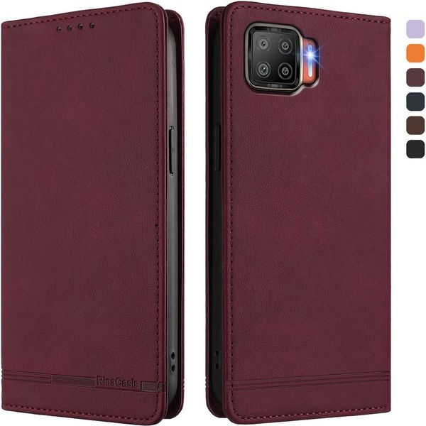 Custodia Per Oppo F17, Custodia Retro In Finto Cuoio Con Supporto E Slot Per Carte Rosso-image