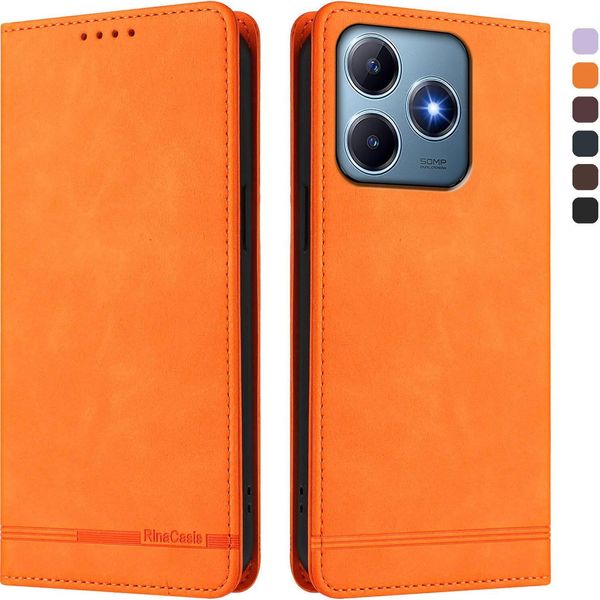 Custodia Per Realme C63 4G, Custodia Retro In Finto Cuoio Con Supporto E Slot Per Carte Di Credito Arancione-image