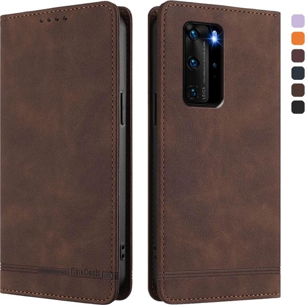 Custodia Per Huawei P40 Pro, Custodia Retro In Finto Cuoio Con Supporto E Slot Per Carte Di Credito Marrone-image