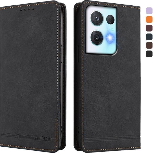 Custodia Per Oppo Reno8 Pro 5G, Custodia Retro In Finto Cuoio Flip Con Supporto E Slot Per Carte Nero-image