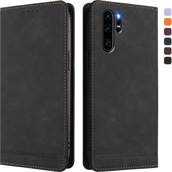 Custodia Per Huawei P30 Pro, Custodia Retro In Finto Cuoio Con Supporto E Slot Per Carte Nero-image