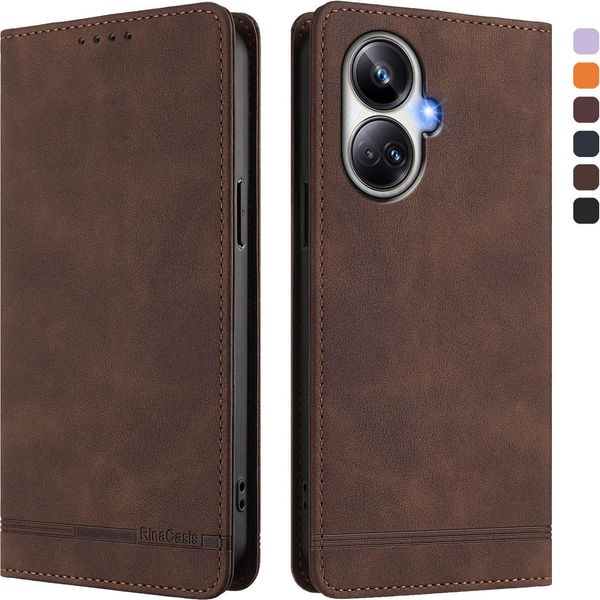 Custodia Per Realme 10 Pro+, Custodia Retro In Finto Cuoio Flip Con Supporto E Slot Per Carte Marrone-image