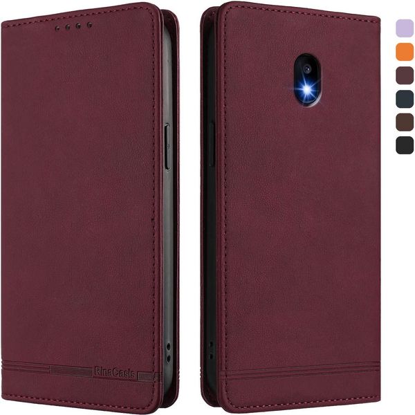 Custodia Per Samsung Galaxy J7 2017, Retro Custodia Flip In Finto Cuoio Con Supporto E Slot Per Carte Rosso-image