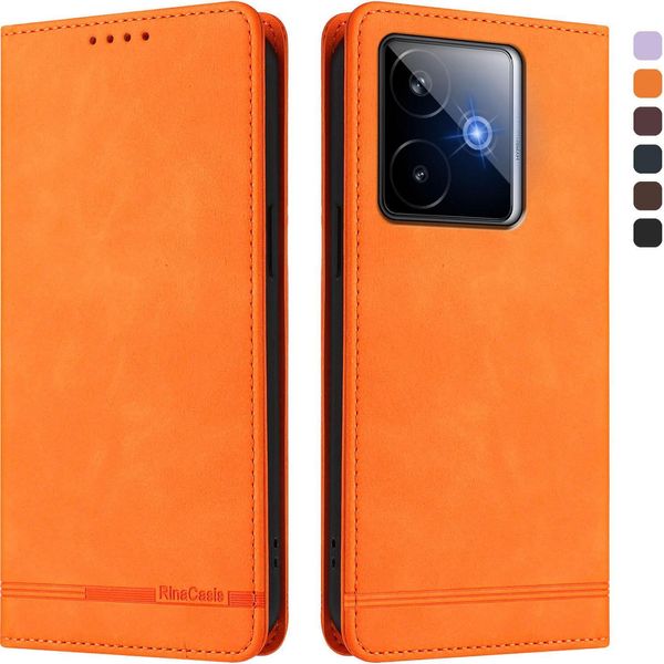 Custodia Per Realme Gt 7, Custodia Retro In Finto Cuoio Con Supporto E Slot Per Carte Di Credito Arancione-image