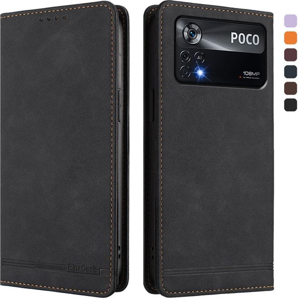 Custodia Per Xiaomi Poco X4 Pro 5G, Retro Custodia Flip In Finto Cuoio Con Supporto E Slot Per Schede Nero-image