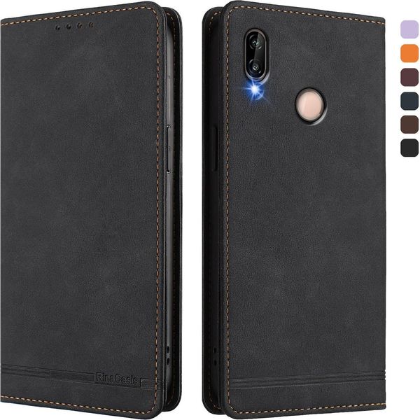 Custodia Per Huawei P20 Lite, Custodia Retro In Finto Cuoio Con Supporto E Slot Per Carte Nero-image