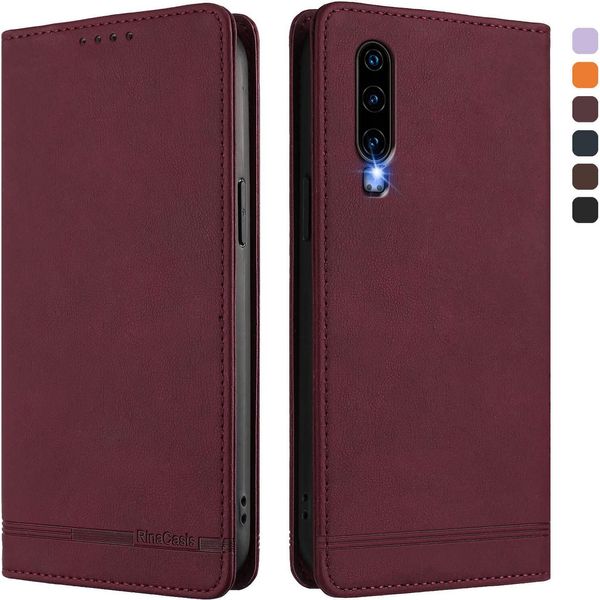 Custodia Per Huawei P30, Custodia Retro In Finto Cuoio Con Supporto E Slot Per Carte Rosso-image