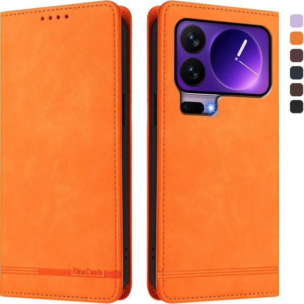 Custodia Per Xiaomi 17 Pro, Custodia Retro In Finto Cuoio Con Supporto E Slot Per Schede Arancione-image