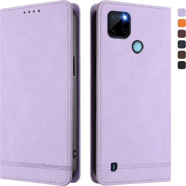 Custodia Per Realme C21Y, Custodia Retro In Finto Cuoio Flip Con Supporto E Slot Per Carte Purple-image