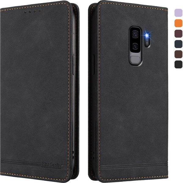 Custodia Per Samsung Galaxy S9 Plus, Custodia Retro In Finto Cuoio Con Supporto E Slot Per Carte Di Credito Nero-image