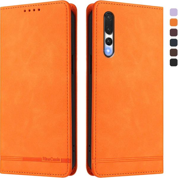 Custodia Per Huawei P20 Pro, Custodia Retro In Finto Cuoio Con Supporto E Slot Per Schede Arancione-image