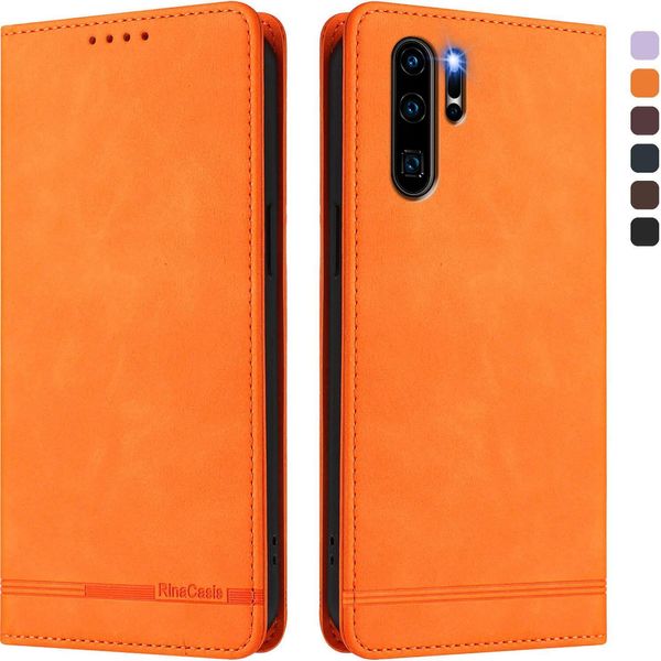 Custodia Per Huawei P30 Pro, Custodia Retro In Finto Cuoio Flip Con Supporto E Slot Per Schede Arancione-image