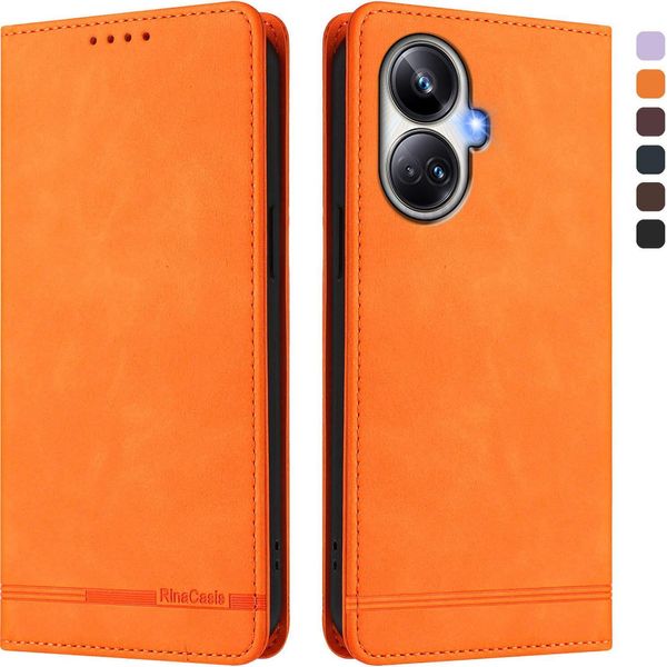 Custodia Per Realme 10 Pro+, Custodia Retro In Finto Cuoio Flip Con Supporto E Slot Per Carte Arancione-image