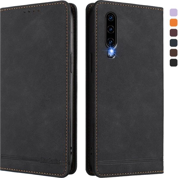 Custodia Per Huawei P30, Custodia Retro In Finto Cuoio Con Supporto E Slot Per Carte Nero-image