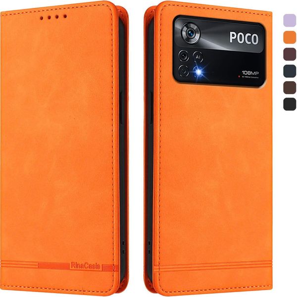 Custodia Per Xiaomi Poco X4 Pro 5G, Retro Custodia Flip In Finto Cuoio Con Supporto E Slot Per Schede Arancione-image