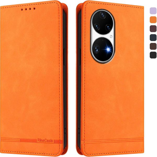 Custodia Per Huawei P50 Pro, Custodia Retro In Finto Cuoio Flip Con Supporto E Slot Per Schede Arancione-image