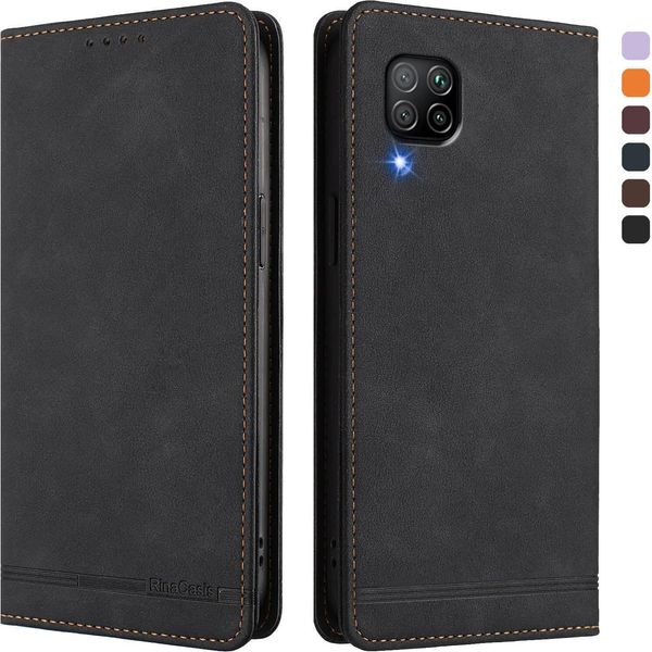 Custodia Per Huawei P40 Lite, Custodia Retro In Finto Cuoio Flip Con Supporto E Slot Per Carte Nero-image