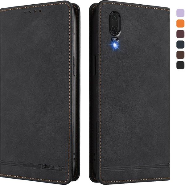 Custodia Per Huawei P20, Custodia Retro In Finto Cuoio Con Supporto E Slot Per Carte Di Credito Nero-image