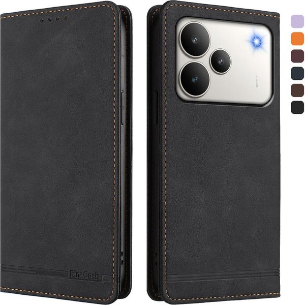 Custodia Per Realme P4, Custodia Retro In Finto Cuoio Con Supporto E Slot Per Carte Nero-image
