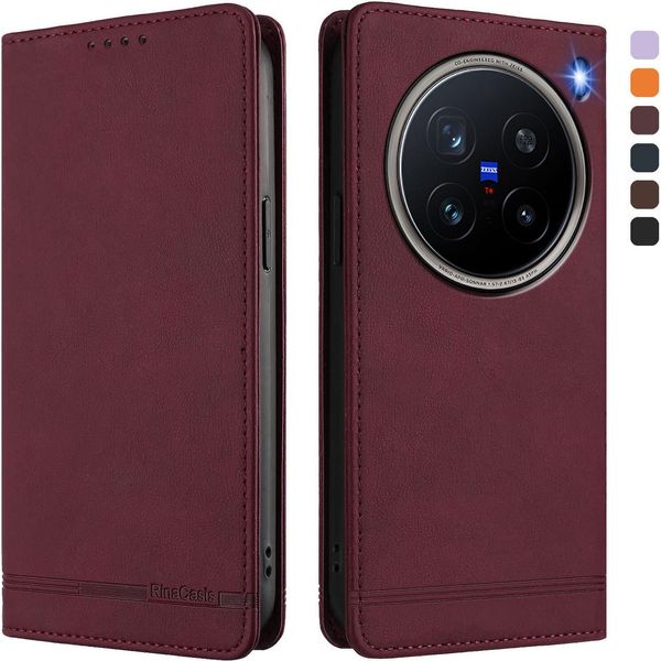 Custodia Per Vivo X200 Pro, Custodia Retro In Finto Cuoio Con Supporto E Slot Per Carte Di Credito Rosso-image