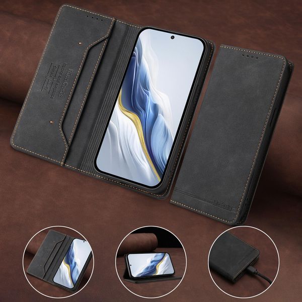 Custodia Per Xiaomi Poco M7 4G, Retro Custodia In Finto Cuoio Flip Con Supporto E Slot Per Schede Nero-image