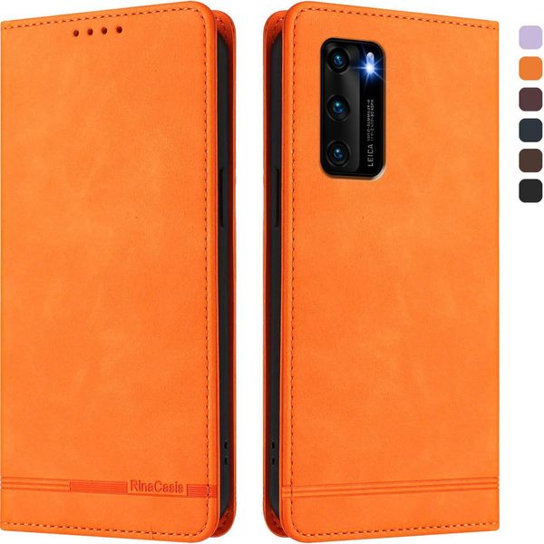 Custodia Per Huawei P40, Flip Case In Finto Cuoio Retrò Con Supporto E Slot Per Carte Di Credito Arancione-image