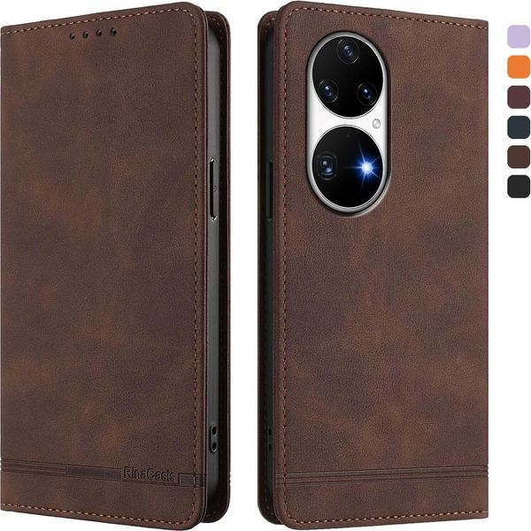 Custodia Per Huawei P50 Pro, Custodia Retro In Finto Cuoio Con Supporto E Slot Per Carte Di Credito Marrone-image