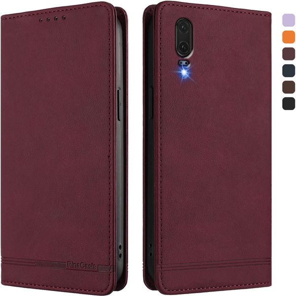 Custodia Per Huawei P20, Custodia Retro In Finto Cuoio Con Supporto E Slot Per Carte Rosso-image
