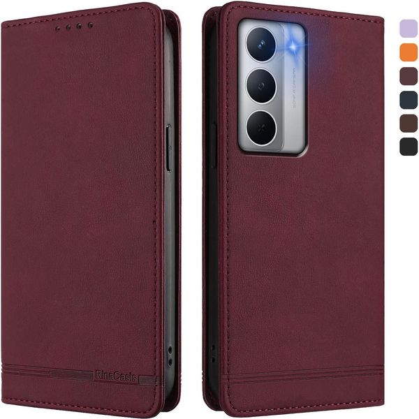 Custodia Per Realme Narzo 80X, Custodia Retro In Finto Cuoio Con Supporto E Slot Per Carte Di Credito Rosso-image