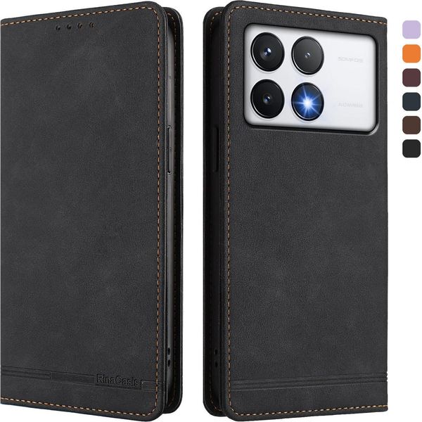 Custodia Per Xiaomi Poco F6 Pro, Retro Custodia In Finto Cuoio Flip Con Supporto E Slot Per Carte Nero-image