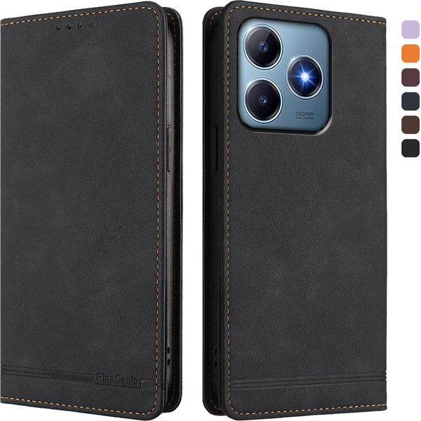 Custodia Per Realme C63 4G, Custodia Retro In Finto Cuoio Con Supporto E Slot Per Carte Di Credito Nero-image
