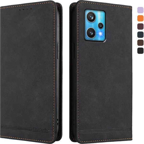 Custodia Per Realme 9 4G/Realme 9 Pro+ 5G, Custodia Retro In Finto Cuoio Flip Con Supporto E Slot Per Carte Nero-image