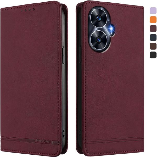 Custodia Per Realme C55, Custodia Retro In Finto Cuoio Con Supporto E Slot Per Carte Di Credito Rosso-image