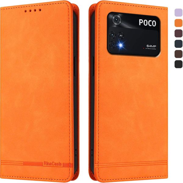 Custodia Per Xiaomi Poco M4 Pro 4G, Retro Custodia Flip In Finto Cuoio Con Supporto E Slot Per Schede Arancione-image