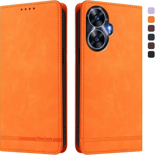 Custodia Per Realme C55, Custodia Retro In Finto Cuoio Flip Con Supporto E Slot Per Carte Di Credito Arancione-image