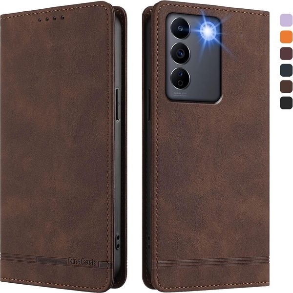 Custodia Per Vivo V27 / V27 Pro, Retro Custodia Flip In Finto Cuoio Con Supporto E Slot Per Carte Di Credito Marrone-image