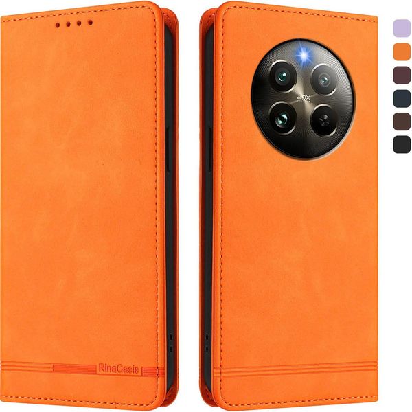 Custodia Per Realme 13 4G, Custodia Retro In Finto Cuoio Con Supporto E Slot Per Carte Di Credito Arancione-image