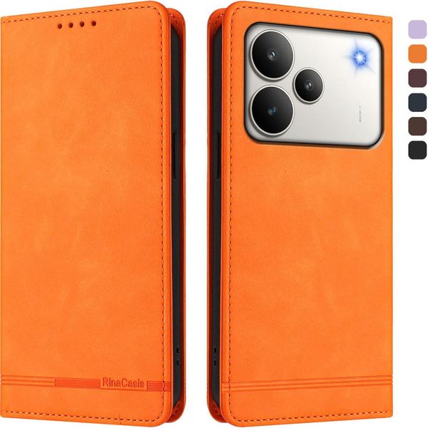 Custodia Per Realme P4, Custodia Retro In Finto Cuoio Flip Con Supporto E Slot Per Carte Di Credito Arancione-image