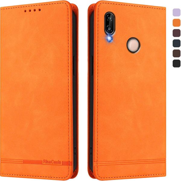 Custodia Per Huawei P20 Lite, Custodia Retro In Finto Cuoio Flip Con Supporto E Slot Per Schede Arancione-image
