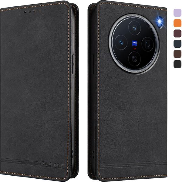 Custodia Per Vivo X200, Custodia Retro In Finto Cuoio Flip Con Supporto E Slot Per Carte Nero-image